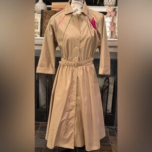 Vintage Made in USA Camp or Stewardess Khaki Dress Midi Sz 10 Medium Belt Pleats